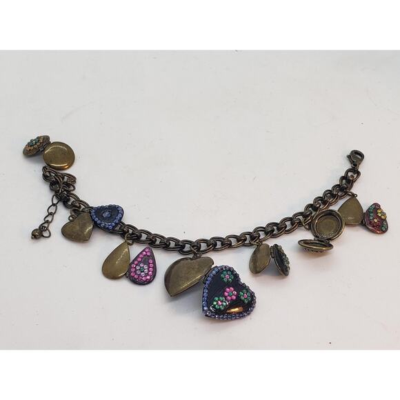 Puffy Heart Charm Bracelet Brass Tone Enamel Decor Teardrop 7 Locket Charms - Picture 10 of 14